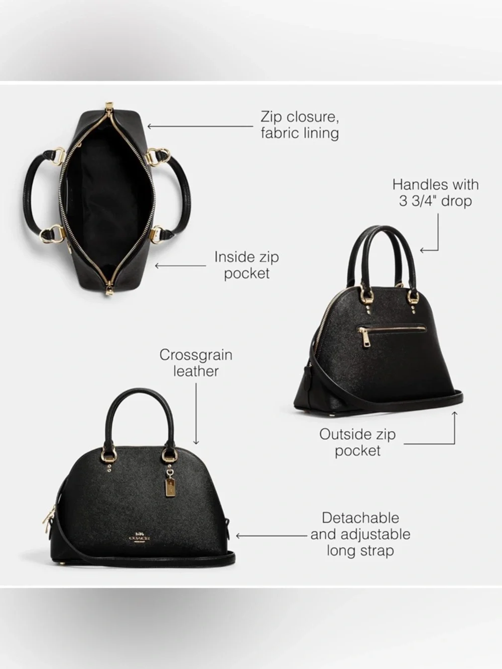 Coach Katy Satchel Black Crossgrain Leather Gold Zip Top Handle Bag NWOT
